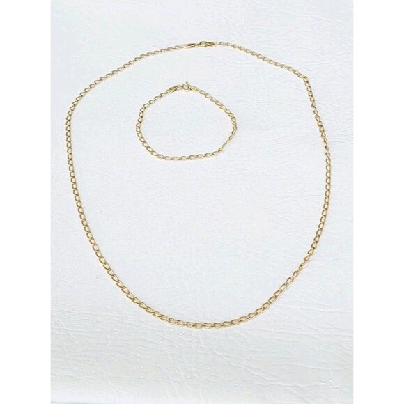 Sterling Silver Gold Vermeil Open Oval Cable Chain Link Necklace /Bracelet Set - Picture 1 of 9
